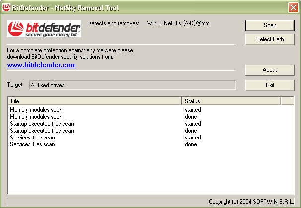 BitDefender W32.NetSky.(A-Z, AA-AB) Removal Tool